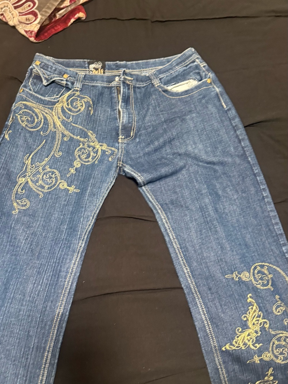 DELF Blue Slim Straight Vintage Jeans with Gold Scroll Embroidery